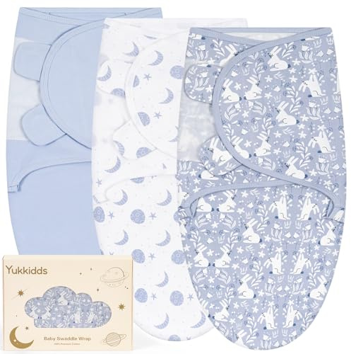 Yukkidds Pucksack Baby 0-3 Monate, Pucktuch Swaddle für Neugeborene | 100% Baumwolle, Weiche & Atmungsaktive, Leiser Verschluss, 3er Pack Puck Schlafsack, Blaues Kaninchen