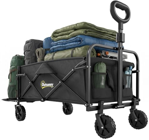 Outsunny Carrello da Giardino Pieghevole 72L con 4 Ruote Spiaggia Nero | Carrello da Campeggio, Tessuto Oxford, Borsa da Trasporto, Maniglia Regolabile, Picnic, Pesca