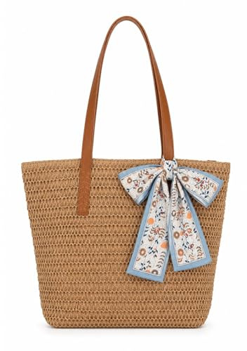 Ziyonix Bolso de Playa de Paja para Mujer, Tejidos a Mano Bolso de Mano, Bolso de Mano Redondo de Ratán, Bolso Tejido Universal Con Tirantes para Los Hombros (Beige)