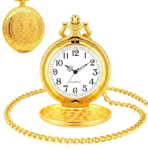 Caybats Orologio da tasca oro vintage con catena da uomo e da donna, stile retrò, con numeri arabi, al quarzo, orologio da tasca per carnevale, accessori per papà, nonno, regalo di compleanno