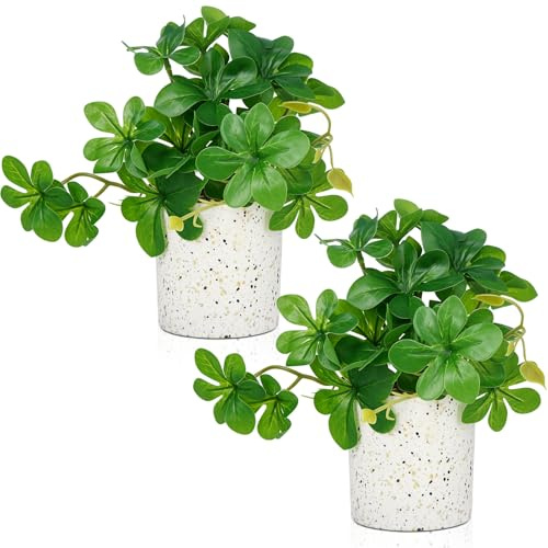 ADORAMOUR Artificial Plants in Pots - Set of 2 Fake Schefflera Trees, 19cm Tall Faux Umbrella Tree Potted in White Pot, Small Indoor Greenery for Home Office Desk Shelf Bathroom & Living Room Decor
