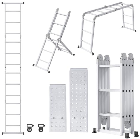 YEATHOR Combination Ladder Multi-Purpose 6 in 1 Telescopic Ladder Aluminium Extendable Foldable Scaffold System with 2 Work Platform, 2 Wheels & 2 Stabilizers for Warehouse Garage, 4x4