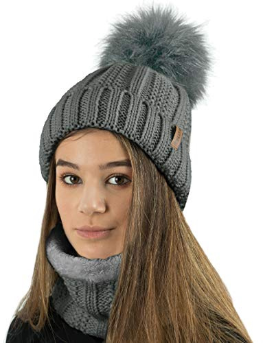 TOSKATOK Dam, vinter, ribbad pärlmönster, beanie, bobble hatt med varm mysig fleece, foder och stor fuskpäls med tofsar, Grå set, one size