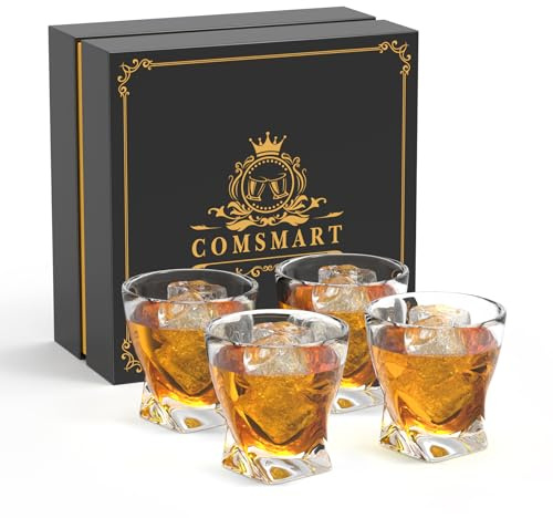 Whiskey Glasses Set of 4 Lead Free Crystal Clear Scotch Glasses with Luxury Gift Box and 4 Drink Coasters and 1 Ice Tongs for Drinking Bourbon Malt Cognac Irish Whiskey
