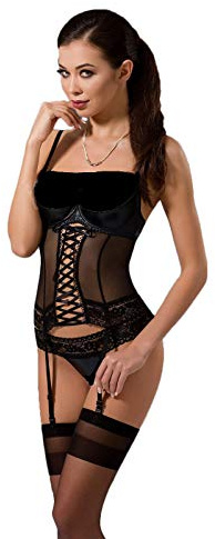 Selente Love & Fun verführerisches 3-teiliges Damen Dessous-Set aus Corsage mit Strapshaltern, Slip und exklusiver Satin-Augenbinde Made in EU, schwarz-Wetlook-ouvert-corsage,Gr. XXL/3XL