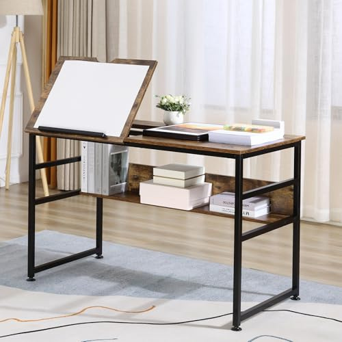 HOMCOM Adjustable Drafting Table 15-Level Tiltable Tabletop Rustic Brown