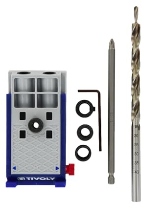 TIVOLY - Set für „verdeckte“ Montage - Bohrlehre 15° + Stufenbohrer Ø 9,5 mm + PZ2 Schraubendreherbit + 3 Bohrhülsen Ø 6-8-10 mm + Anschlag + Inbusschlüssel