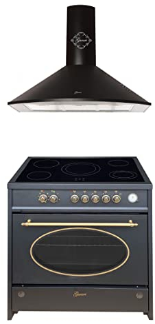 GURARI Herdset GCH E 912 BL r + GCH C 046 BL 9, Retro Standherd 90 cm, Range Coocker, 121 L, Schwarz + Dunstabzugshaube, Wandhaube 90 cm, 1000m3/h, Schwarz, Abluft/Umluft Haube