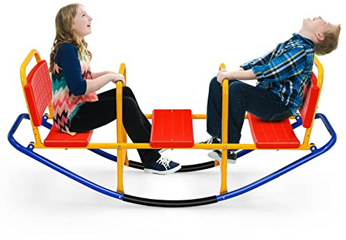 GOPLUS Schaukelwippe mit 3 Sitzen, Kinderschaukelstuhl mit Griffen&Rückenlehnen, Teeter Totters aus Kohlenstoffstahl, für Drinnen und Draußen, für Kinder 3-8 Jahre bis zu 100 kg (Rot)