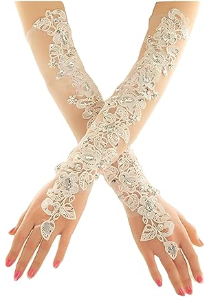 Damen-Spitzenhandschuhe, Abendhandschuhe, Hochzeitshandschuhe, lange Hochzeitskleid-Handschuhe, Kristalle, Diamant-Gaze-Stickerei, elegante Damen-Brauthandschuhe aus Spitze (Farbe: Elfenbeinweiß, Größ