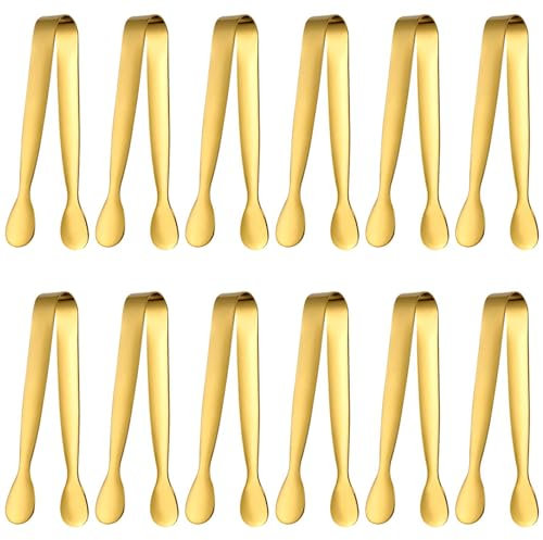 Eiszangen Set,12 Stück,Servierzange Edelstahl Eiszange Set,Candybar Zangen,Salatzange Gebäckzange Süßigkeiten Candy Clip,für Hochzeit Party Bar Büfett Grill Picknick(Gold)