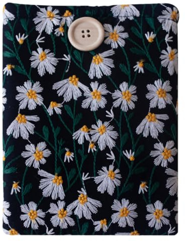 Embroidered Fabric Sleeve for Kindle Paperwhite, Kindle Basic, Kobo Clara 2E, Boox Palma, Nook Glowlight – Protective Cloth Cover for Tablets & E-Readers Handcrafted - White & Black Daisy