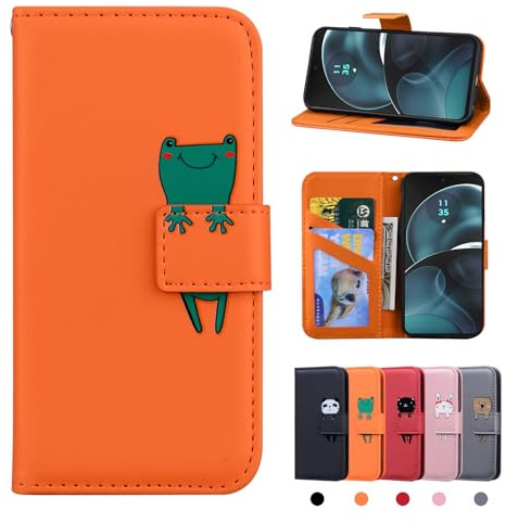 Rostsant Funda Motorola Moto G14 Carcasa de Cuero PU Magnético Dibujos Animados Funda a Libro Motorola Moto G14 con Cartera Funda para Motorola Moto G14 Rana Naranja