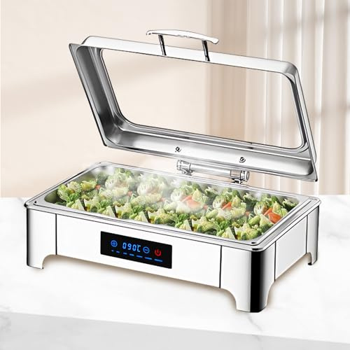BOVDC 9L Chafing Dish Elettrico Temperatura Regolabile (B, Full Pan) | Scaldavivande Elettrico per Buffet Acciaio Inox, Chafing Dish Buffet Elettrico con Coperchio in Vetro Trasparente per Buffet