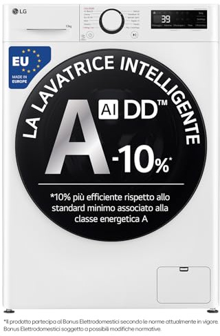 LG AI DD F4WR6010AGW Lavatrice 10 kg Serie R5, Carica Frontale, Classe A-10%, 1400 giri, TurboWash 360, Lavaggio a vapore, Motore Direct Drive, Smart Diagnosis, Libera installazione, Bianca