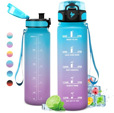 KollyKolla Vattenflaska, 350ml/500ml/800ml/1L/1,5L, vattenflaska med tidsmarkeringar och filter, BPA-fri läckagesäker sportflaska, kolsyra, lämplig för barn, skola, baby, cykel, fitness