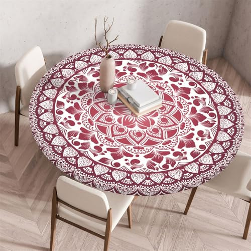 Treer Mandala-Stil Tischdecke Outdoor Rund, Lotuseffekt Tischdecke Abwaschbar Elastisch Rund Gartentischdecke, für Garten, Küche, Esstisch, Parteien Tischdecken (80cm,Rosa)