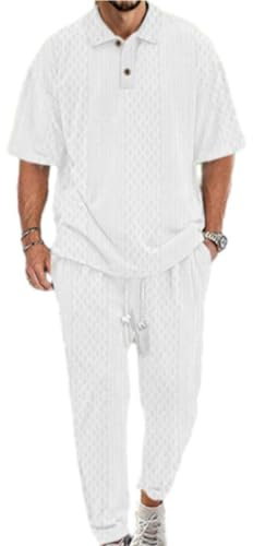 BERCIELY Freizeitset Herren Trend Lose 2 Stück Shirt Set Kurzarm All-Match Temperament Mode Poloshirt Herren Das Neue Revers T-Shirts Kurze Hose Freizeitanzug G-White2 XXL