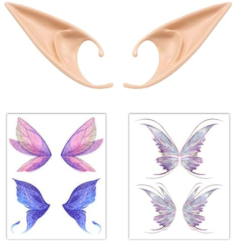 VYIBPDY 1 Paar Elfenohren Latex Ohren Elfe mit 2 Stk Tattoo Aufkleber Schmetterling Elfenohren Set Feenohren für Cosplay Karneval Weihnachten Halloween Partydekorationen Zubehör