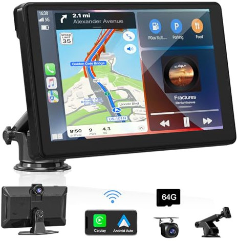 9 Inch Wireless CarPlay for Apple Car Play & Android Auto, Car Play Screen with 4K Front Dash Cam, 1080P Rear Camera,GPS Navigation,Voice Control,Mirror Link, Bluetooth for Carplay-Supported Vehicles