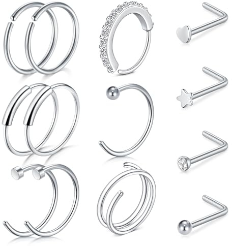 LAURITAMI Nose Ring Set, Stainless Steel L-Shaped & Hoop Nose Studs, 20G, 13 Pieces
