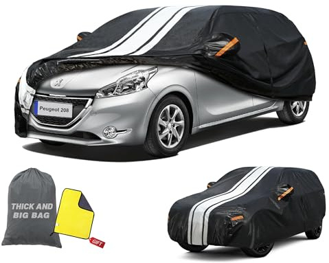 Cowtcver Autoabdeckung Wasserdicht Atmungsaktiv für Peugeot 208 2012-2026 | 10 Schichten Vollgarage Autoplane für Sonne Regen Staub Schutz, Abdeckplane mit Reißverschluss und Baumwollfutter.