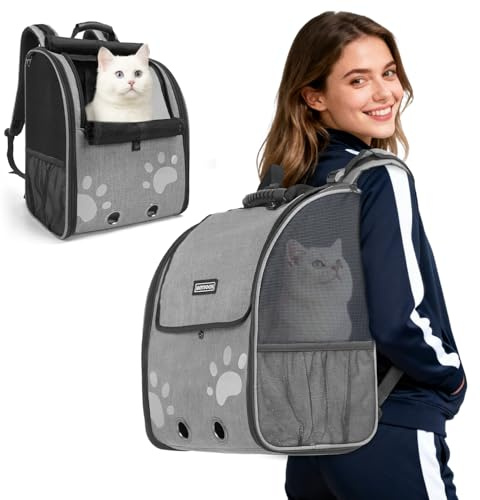 Cat Backpack Carrier with Comfort Handle, Ventilated Cat Backpack with Reflective Strips, with Chest and Shoulder Buckles, Foldable Cat Carrying Backpack for Kitty Small Dog up to 15lbs(Grey).