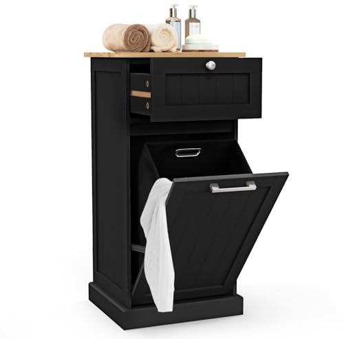 COSTWAY Wäscheschrank mit Wäschekorb, Wäschesammler mit Schublade, Tischplatte aus Bambus, Badezimmerschrank, Badschrank für Badezimmer, Waschküche, 40 x 37 x 82 cm (Schwarz)