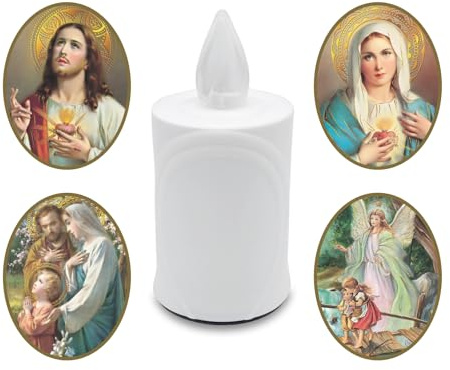 AROBA 2x LED Grabkerze Trauerlicht - Flackereffekt wie echte Kerze - lange Brenndauer bis 120 Tage - wiederverwendbar Friedhofskerze Gedenkkerze - weiß inkl. Auswahl an Heiligen