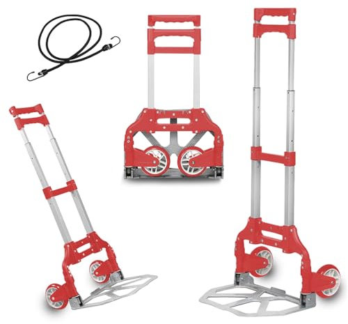 MERCURY TEXTIL- Carretilla Plegable de Aluminio con Cuerda, Carro de Mano Compacto, Portátil con Ruedas de Goma Soporta hasta 70kg para un Fácil Transporte en Viajes, Oficina y Hogar. (Rojo)