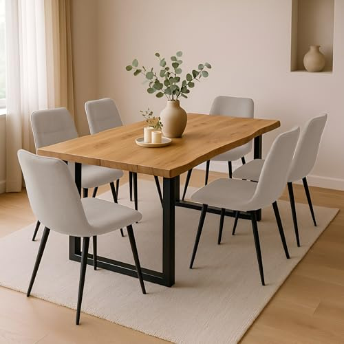 SAM 7-TLG. Essgruppe Josy, 220x100 cm, Holz Wildeiche-Optik, 6X Stuhl Creme | Stuhl Set Susi Creme, U-Gestell Schwarz, Esstisch mit 6 Stühlen, Esszimmertisch/Küchentisch/Holztisch, Esszimmer