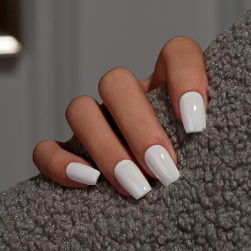 KQueenest Press on Nails Kurz Mittel – Sheer Weiß Nägel zum Aufkleben, Einfarbig Eckig Fake Nails White, Sarg Künstliche Nägel Set für Frauen & Mädchen, 28 Stück