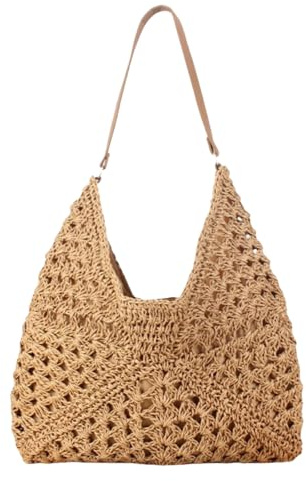 HSTWODE Halm strandväska liten dam – korgväska flätad med läder, boho hobbyväska nätshoppingväska för resor och semester, kamel, 33*35*1cm