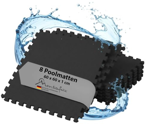 Montafox Unterlegmatte Poolmatte 8er Set Schwarz 60 x 60 cm Bodenschutz | 2,88 m², Bodenfliesen, Whirlpool, Plantschbecken, Fitnessraum, Sportmatte, EVA Schaumstoff, Stecksystem, Bodenschutzmatte