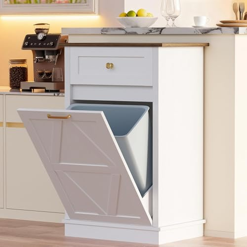 YESHOMY 10 Gallon Tilt Out Trash Cabinet with Drawer, White | Hidden Wooden Bin Cabinet for Kitchens and Laundry Rooms, Farmhouse Cabinet for Home Organizers