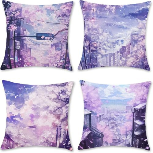 Cojines de Exterior, Funda Cojin 35x35cm Fundas Cojines Calle Impermeable Decorativa Funda Cojín con Flores De Cerezo, Un Juego Cuatro, para Al Aire Libre Silla Banco de Jardín, Decoraciones U-7