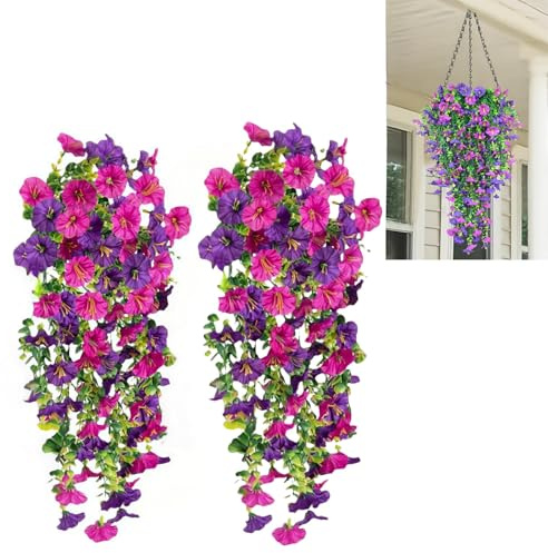 XIKTTK Kunstblumen Hängend 2 Stück, Künstliche Petunien Hängend, Hängepflanze Künstlich, Efeu Künstlich, Efeu Girlande, Greenwall Dekoration für Draußen, Balkonpflanzen Winterhart, Pflanzen Outdoor