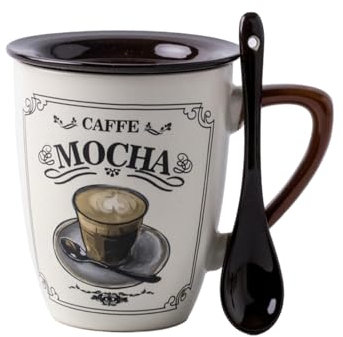 Taza de cerámica de estilo europeo retro simple y delicada con tapa y cuchara de 355 ml, color moca