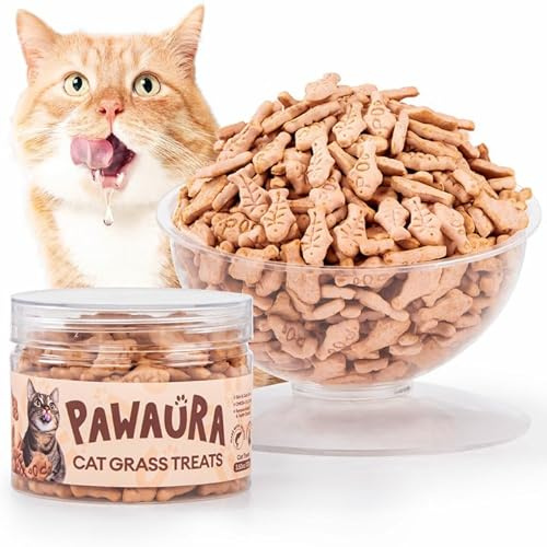 Pawaura 3.53oz Cat Grass Treats for Hairball Control – Natural Salmon & Cat Grass & Catnip Biscuits, Low-Calorie Healthy Snacks for Indoor Cats, Digestive & Dental Care