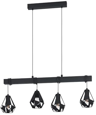 EGLO Hängelampe Townshend, 4-flammige Vintage Pendelleuchte über Esstisch | Deckenlampe hängend im Industrial Design, Esszimmerlampe aus Holz in Schwarz, E27 Fassung