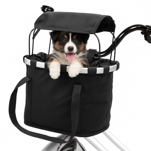 SilTriangle 11lbs Dog Bike Basket with Sun Shade Removable Small Pet Cat Dog Carrier Quick Release Bicycle Handlebar Front Basket Detachable Cycling Picnic Bag for Commuting Shopping Camping