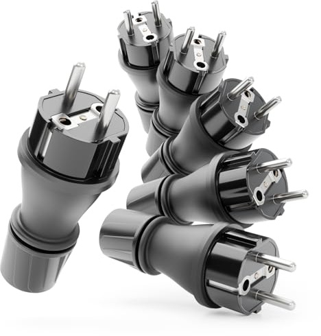 greate Lot de 6 prises mâles 220 V étanches IP54 - Fiche mâle avec protection anti-torsion et soulagement de tension - Fiches électriques 2 pôles 16 A & 3,7 kW - Prise noire 230 V IP54