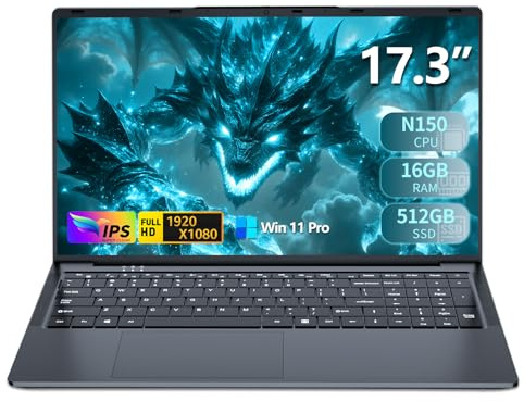 Xrenbuw 17,3 Inch Ordenador Portátil, Win 11 PC Portatil 16GB DDR4 512GB SSD, Twin Lake N150 CPU, PC Portátil Teclado Retroiluminado, Laptop Mini-HDMI+USB3.0+BT4.2+Webcam+6000mAh Battery