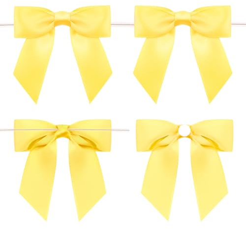 jijAcraft Gelb Schleife Selbstklebend: 9×8,5 cm Kleine Geschenkschleife mit Draht, 24 Stück Fertige Dekoschleifen für Geburtstag, Satinschleifen für Halloween, Ostern, Sommer-Mottoparty