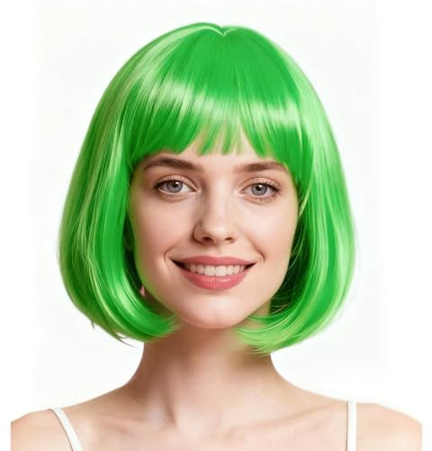PARXITN Bob peruk med ponny Aurora-grön peruk syntetiskt hår axel längd fest cosplay vågig peruker för kvinnor flickor