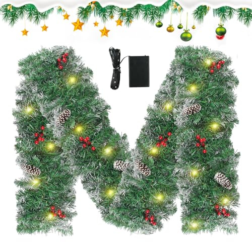 Vaskula Girlande Weihnachten 2.7M Weihnachtsgirlande mit Beleuchtung mit Rote Beere Kiefernzapfen Schnee Girlande Tanne für Weihnachtsdeko Tür Kamine Treppen Gärten Hochzeit