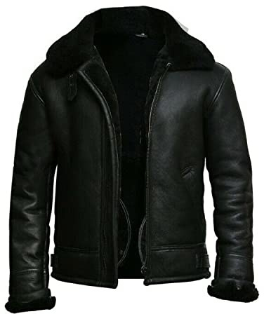 ADS Fashion Jackets Men's RAF B3 Aviator Sheepskin Leather Jacket with Fur Collar & Adjustable Waist Belt – Mens Bomber Jacket - Medium