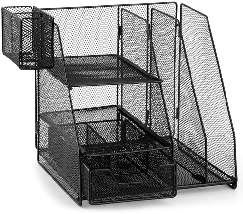 Organizer da scrivania nero, con 2 raccoglitori verticali, 3 ripiani orizzontali, cassetto con 3 scomparti, portapenne con 2 scomparti, organizzatore per ufficio, portariviste, scomparti impilabili