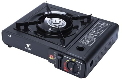 Thulos TH-GS019 Cocina Portátil Dual, 2.5 kW, Compatible con Cartucho o Botella de Gas, Encendido Piezoeléctrico, Negro