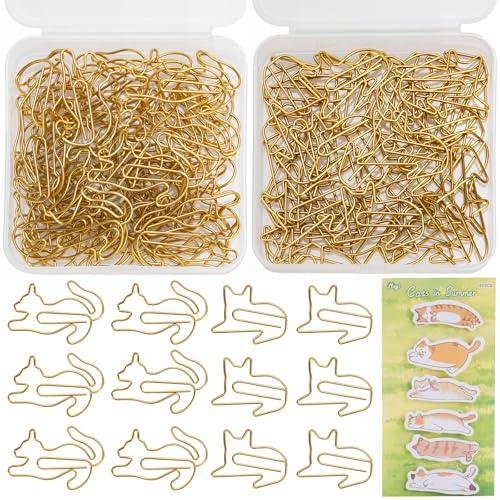 Noosverl 80-Teilige Katzen Büroklammern Set, 40 Springende + 40 Liegende Goldene Katzenklammern, mit Katzen Haftnotizen, Niedliche Büroklammern für Dekoration, Scrapbooking und Organisieren